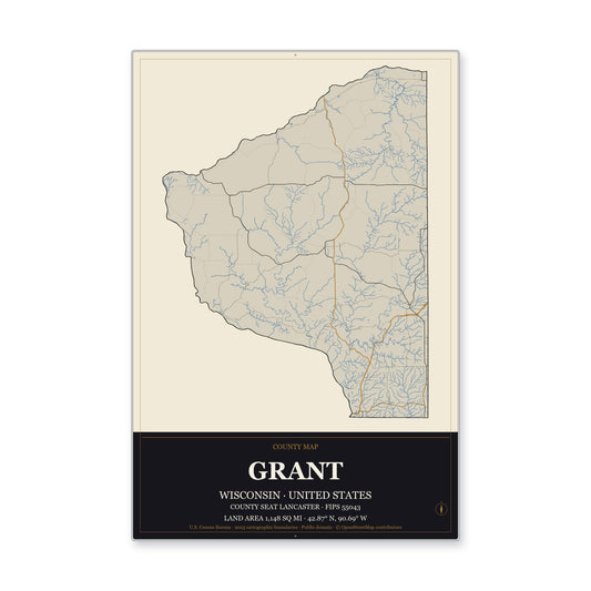 Grant County, Wisconsin Map Aluminum Sign in Museum Plaque style