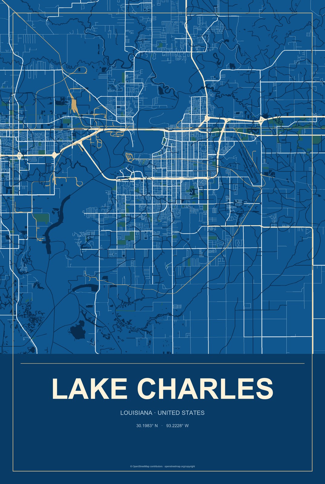 Lake Charles, Louisiana City Map Aluminum Sign in Harbor Cobalt style