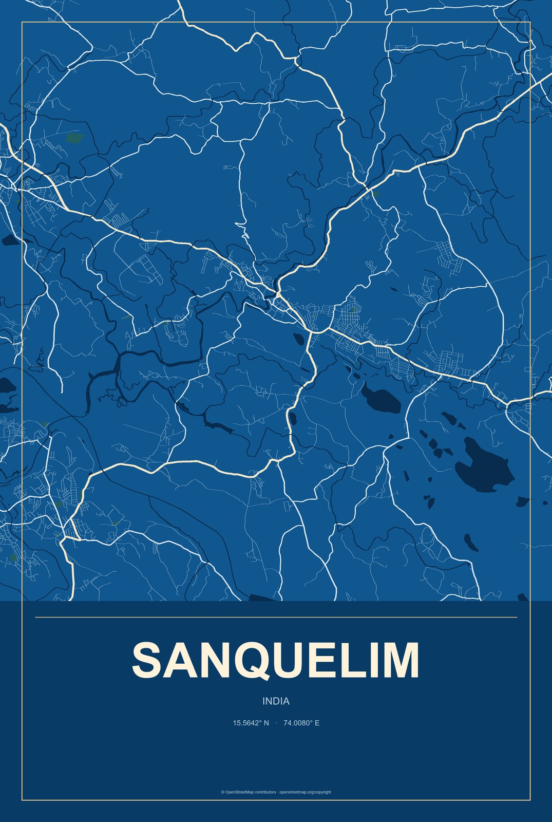 Sanquelim, India City Map Aluminum Sign in Harbor Cobalt style