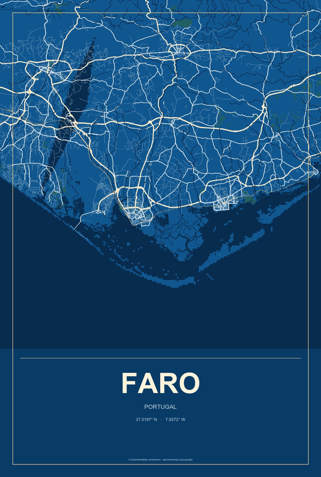 Faro, Portugal City Map Aluminum Sign in Harbor Cobalt style
