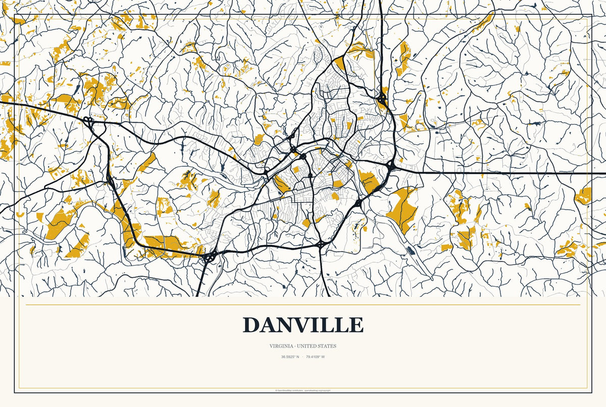 Danville, Virginia City Map Aluminum Sign in Citrine Modern style