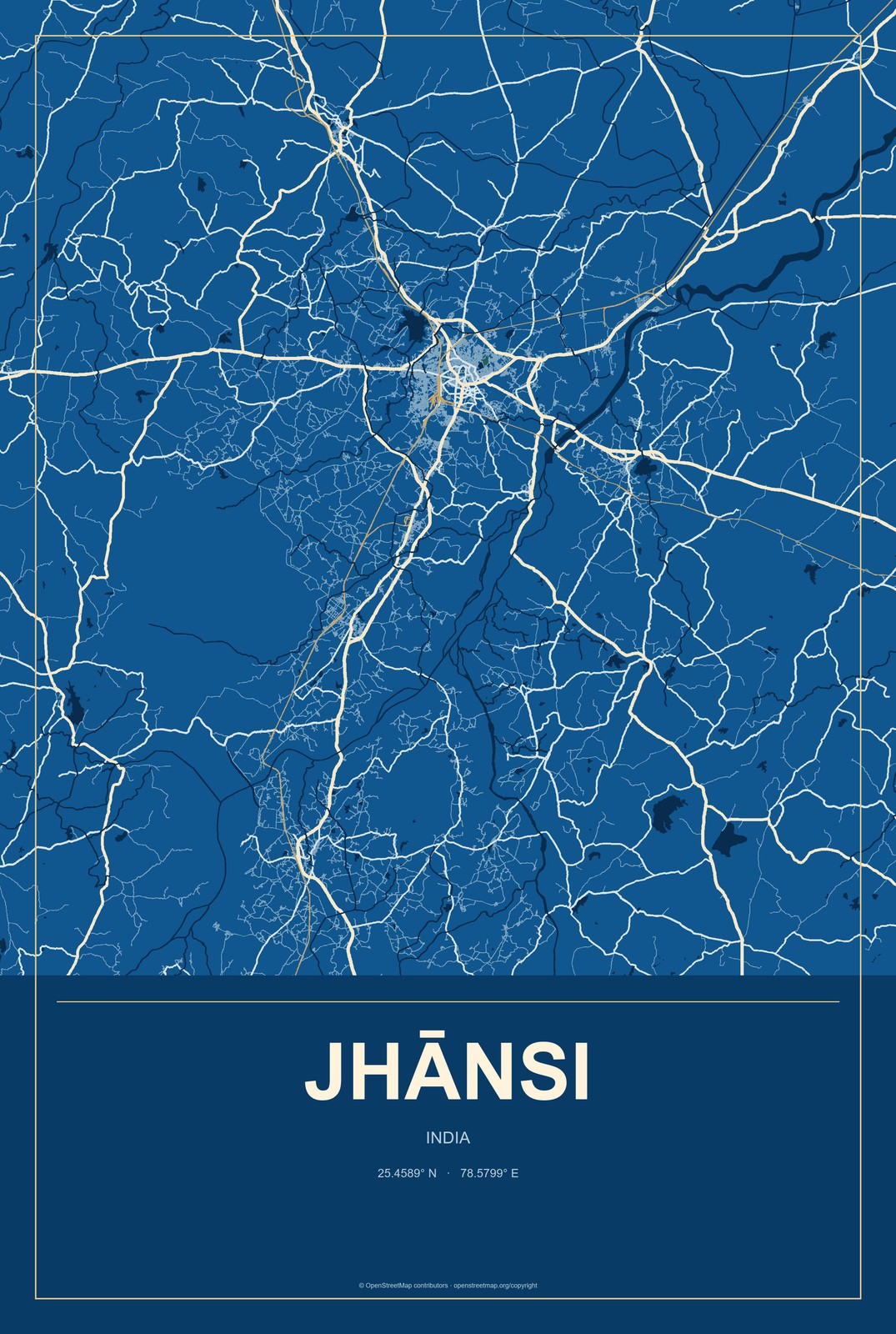Jhānsi, India City Map Aluminum Sign in Harbor Cobalt style