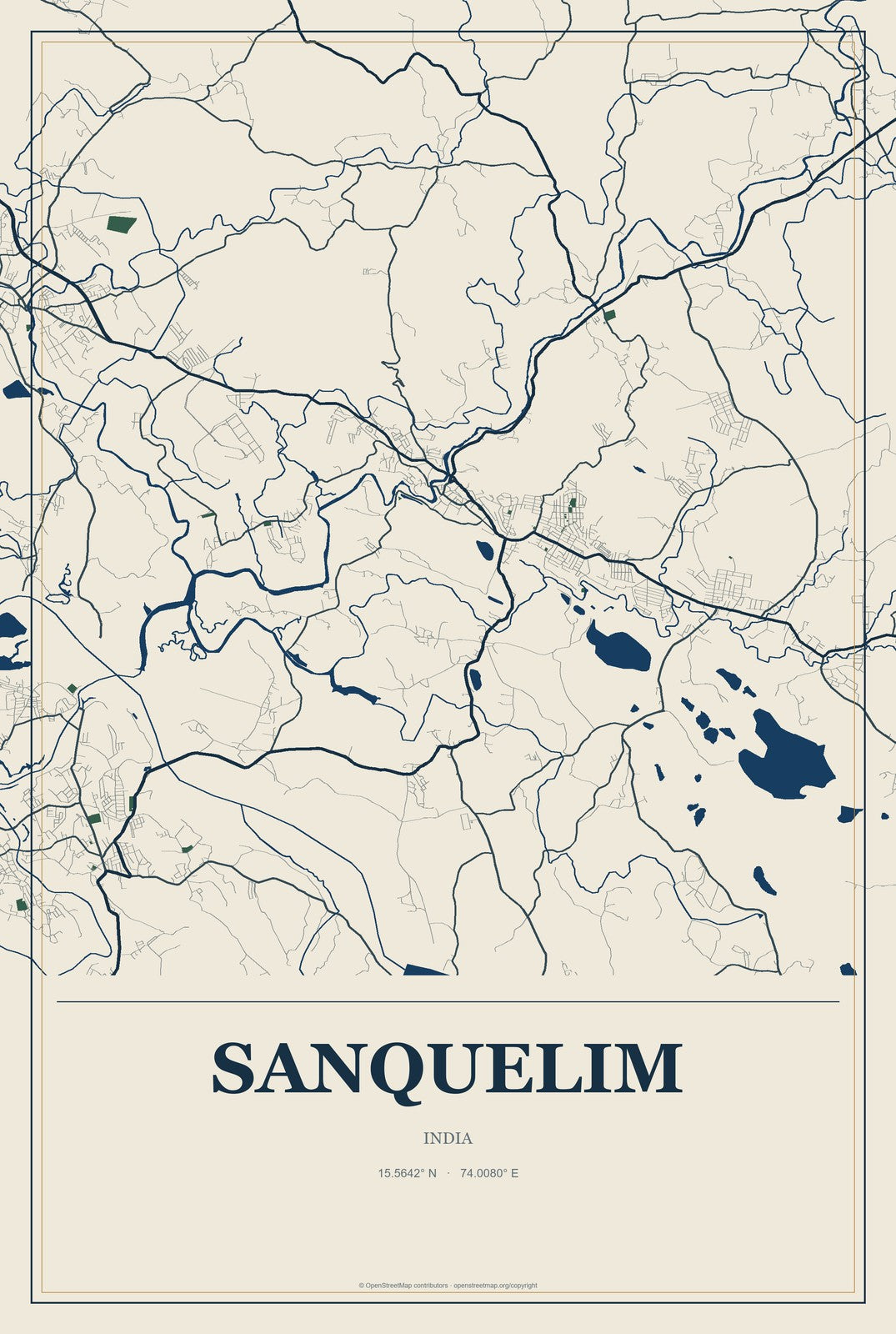 Sanquelim, India City Map Aluminum Sign in Coastal Cutout style