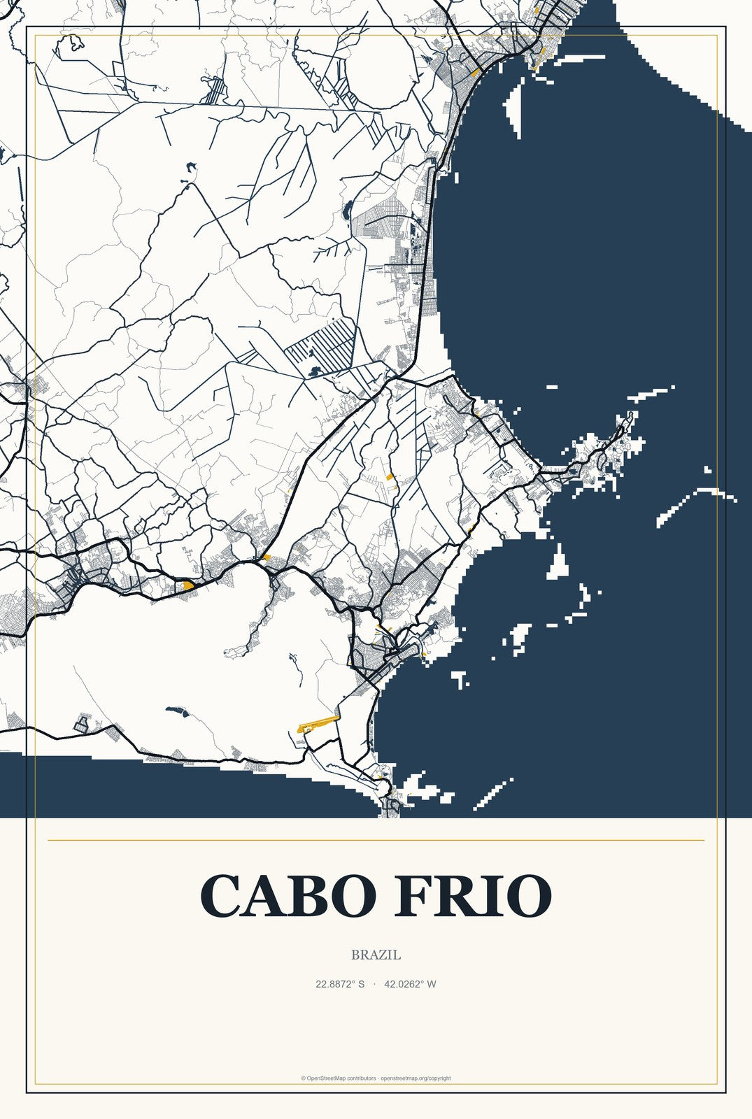 Cabo Frio, Brazil City Map Aluminum Sign in Citrine Modern style