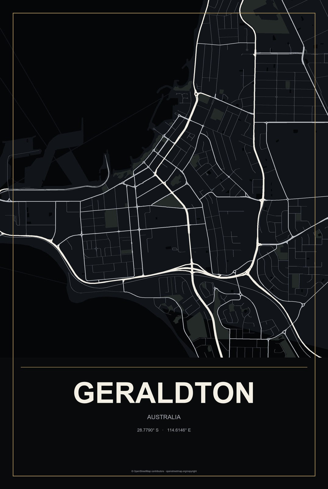 Geraldton, Australia City Map Aluminum Sign in Metropolitan Noir style
