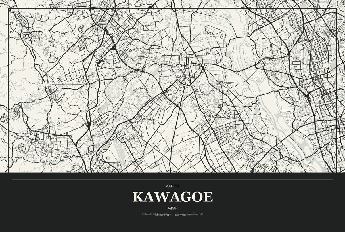 Kawagoe, Japan City Map Aluminum Sign in Museum Plaque style