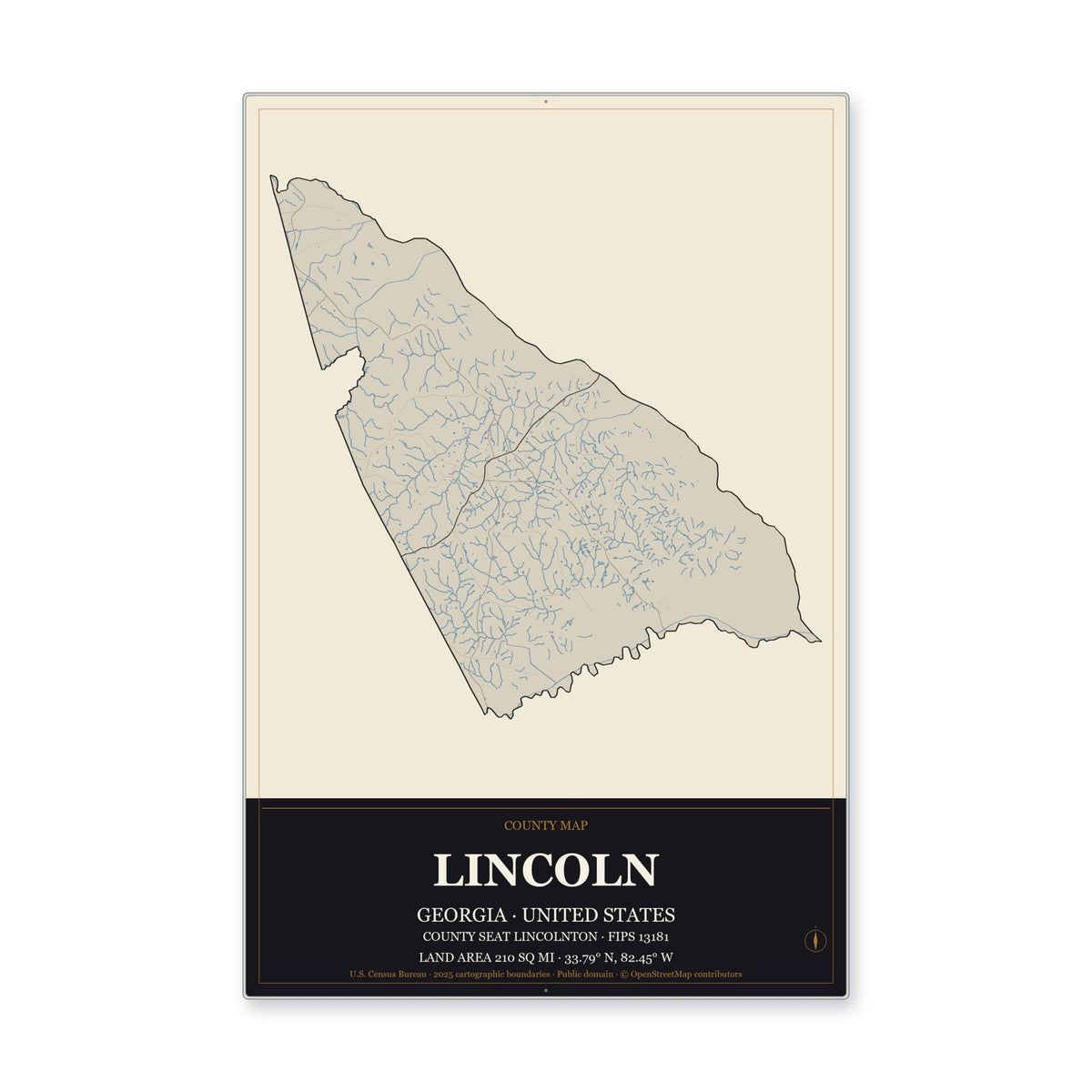Lincoln County, Georgia Map Aluminum Sign in Museum Plaque style