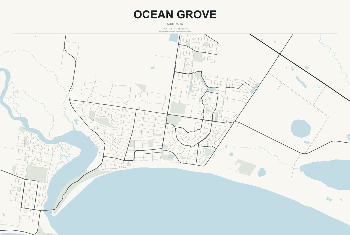 Ocean Grove, Australia City Map Aluminum Sign in Headline Atlas style