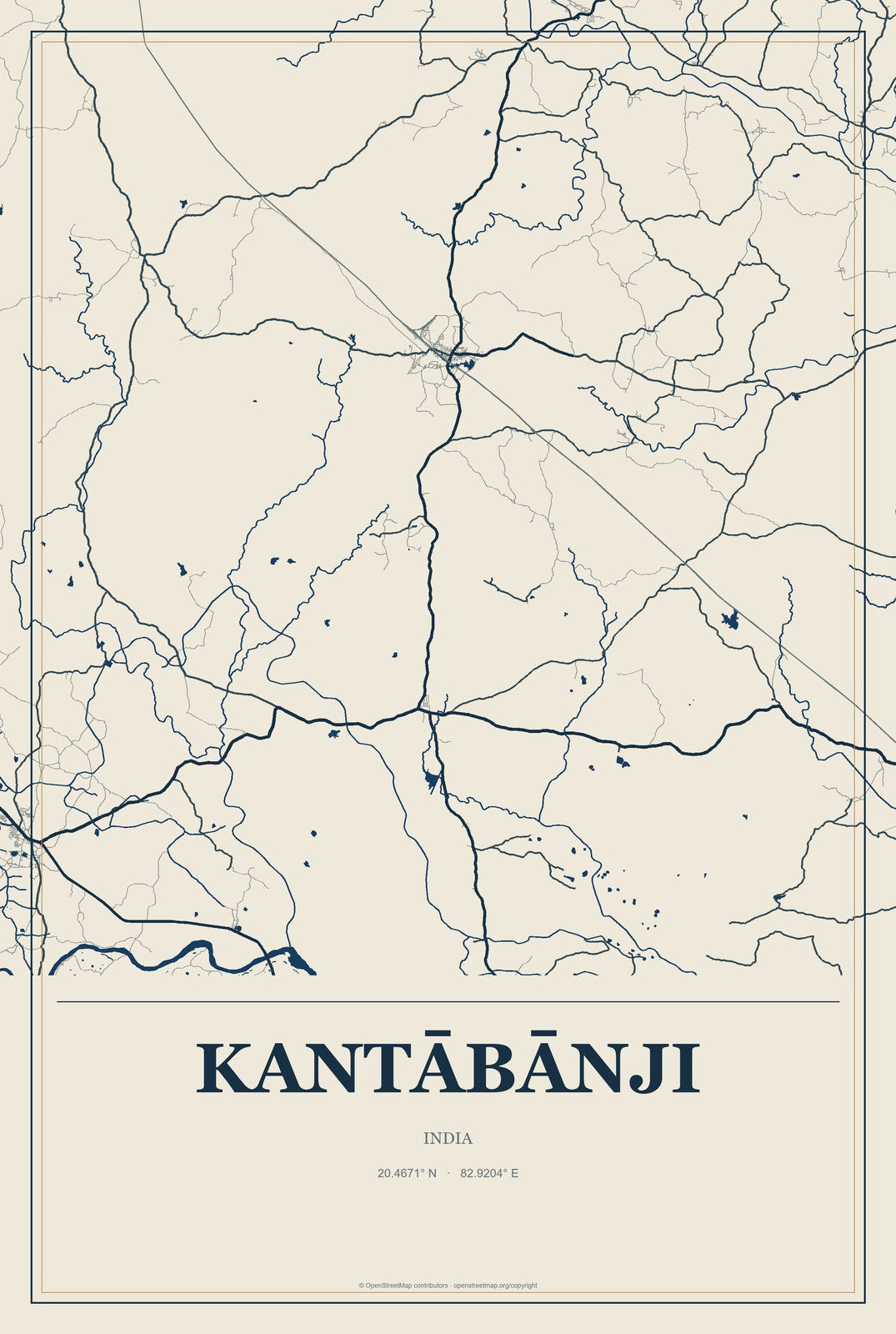 Kantābānji, India City Map Aluminum Sign in Coastal Cutout style