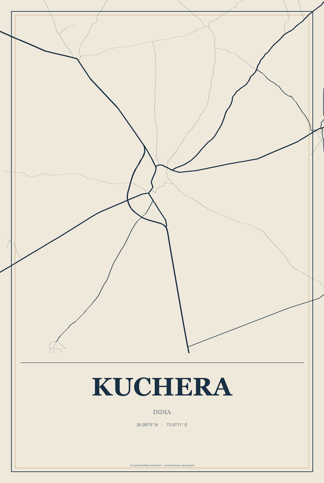 Kuchera, India City Map Aluminum Sign in Coastal Cutout style