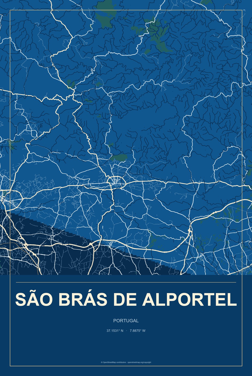 São Brás de Alportel, Portugal City Map Aluminum Sign in Harbor Cobalt style