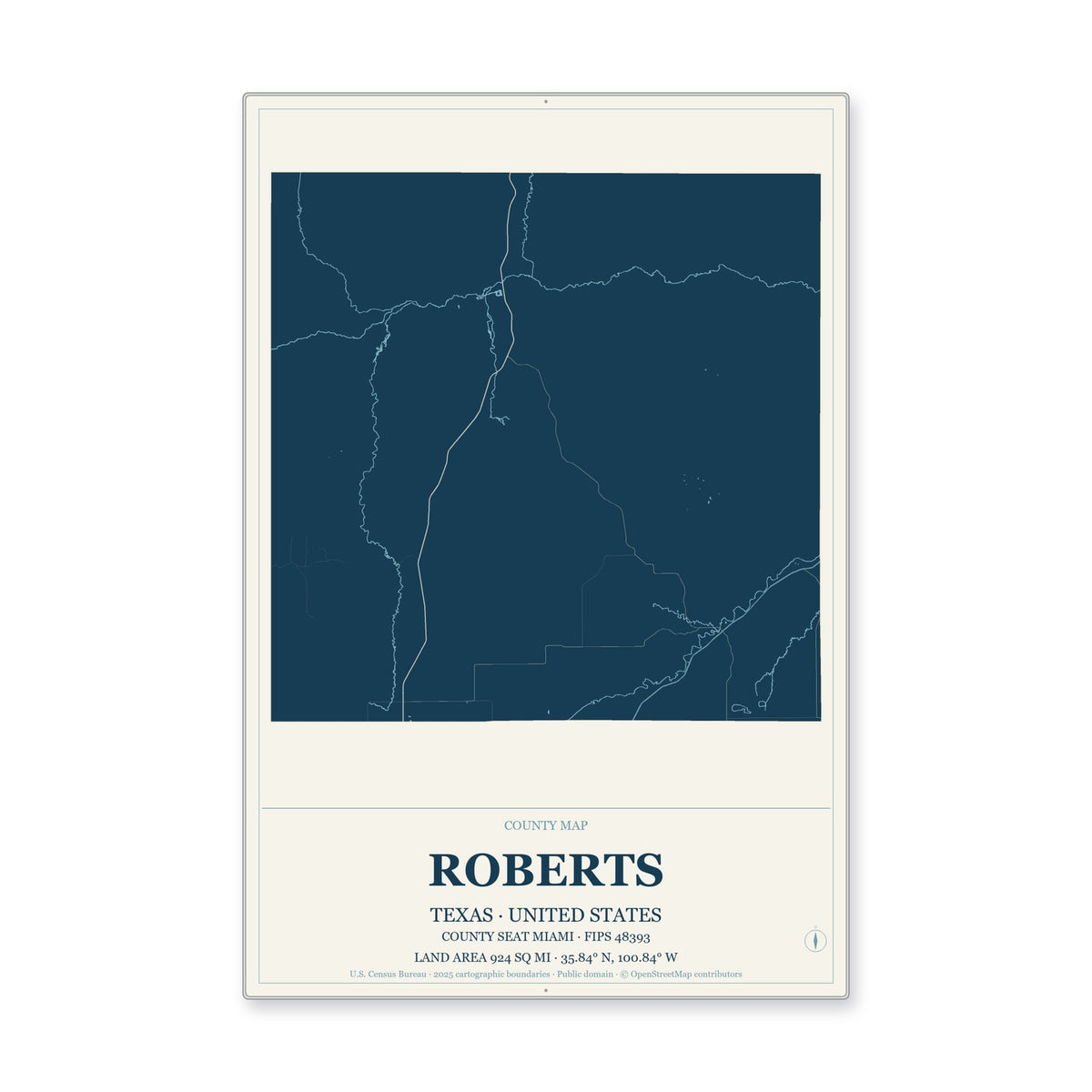 Roberts County, Texas Map Aluminum Sign in Coastal Cutout style