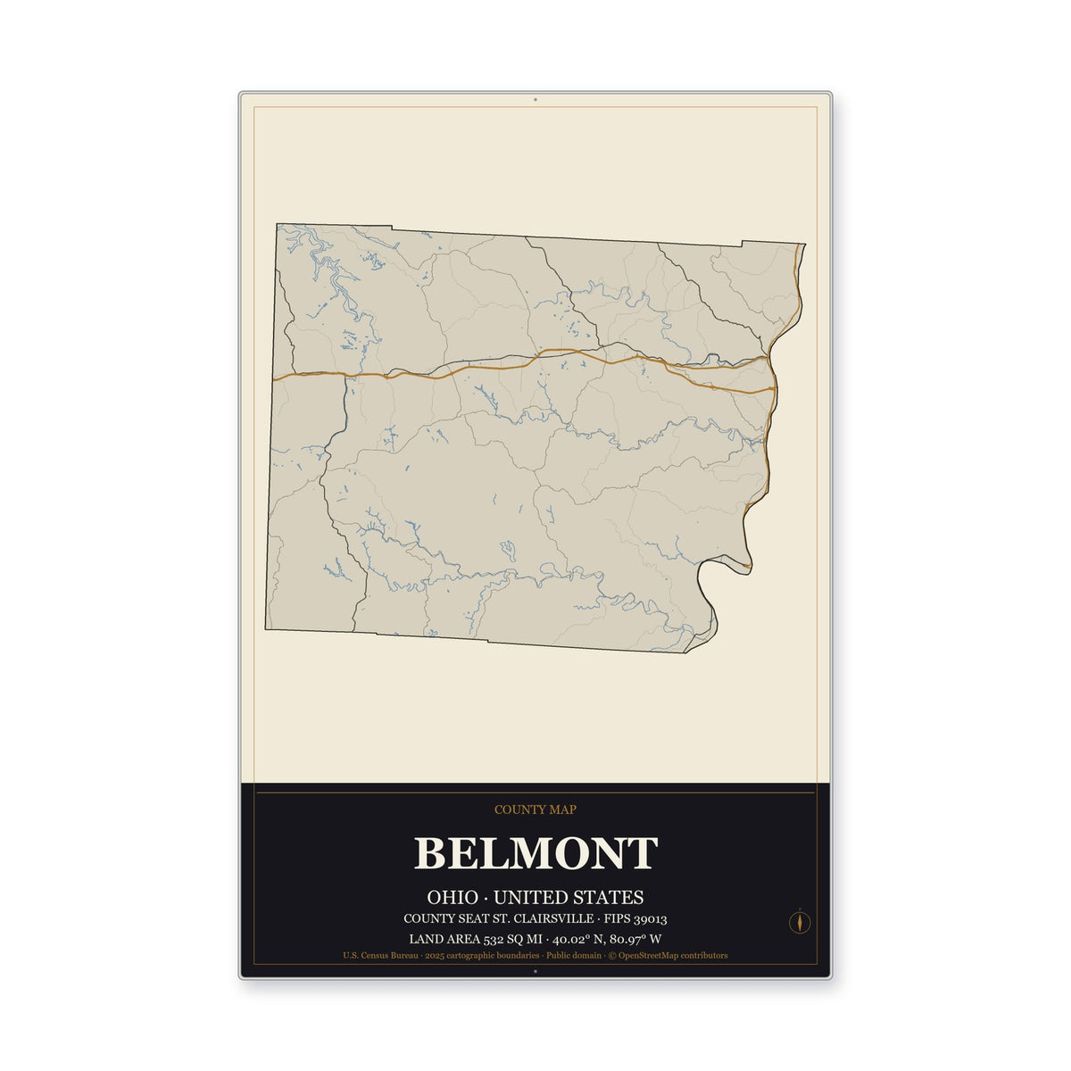 Belmont County, Ohio Map Aluminum Sign in Museum Plaque style