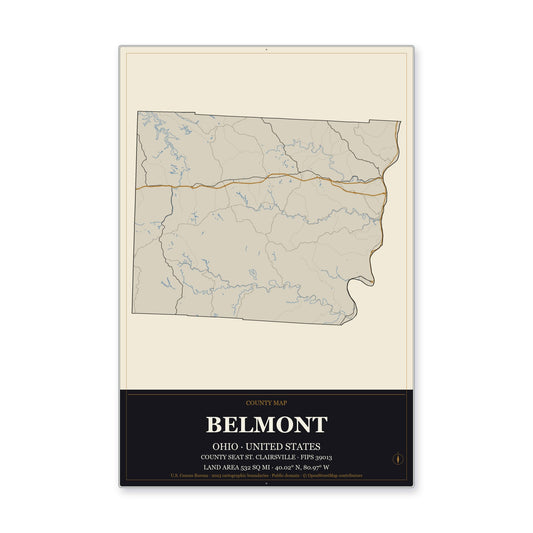 Belmont County, Ohio Map Aluminum Sign in Museum Plaque style
