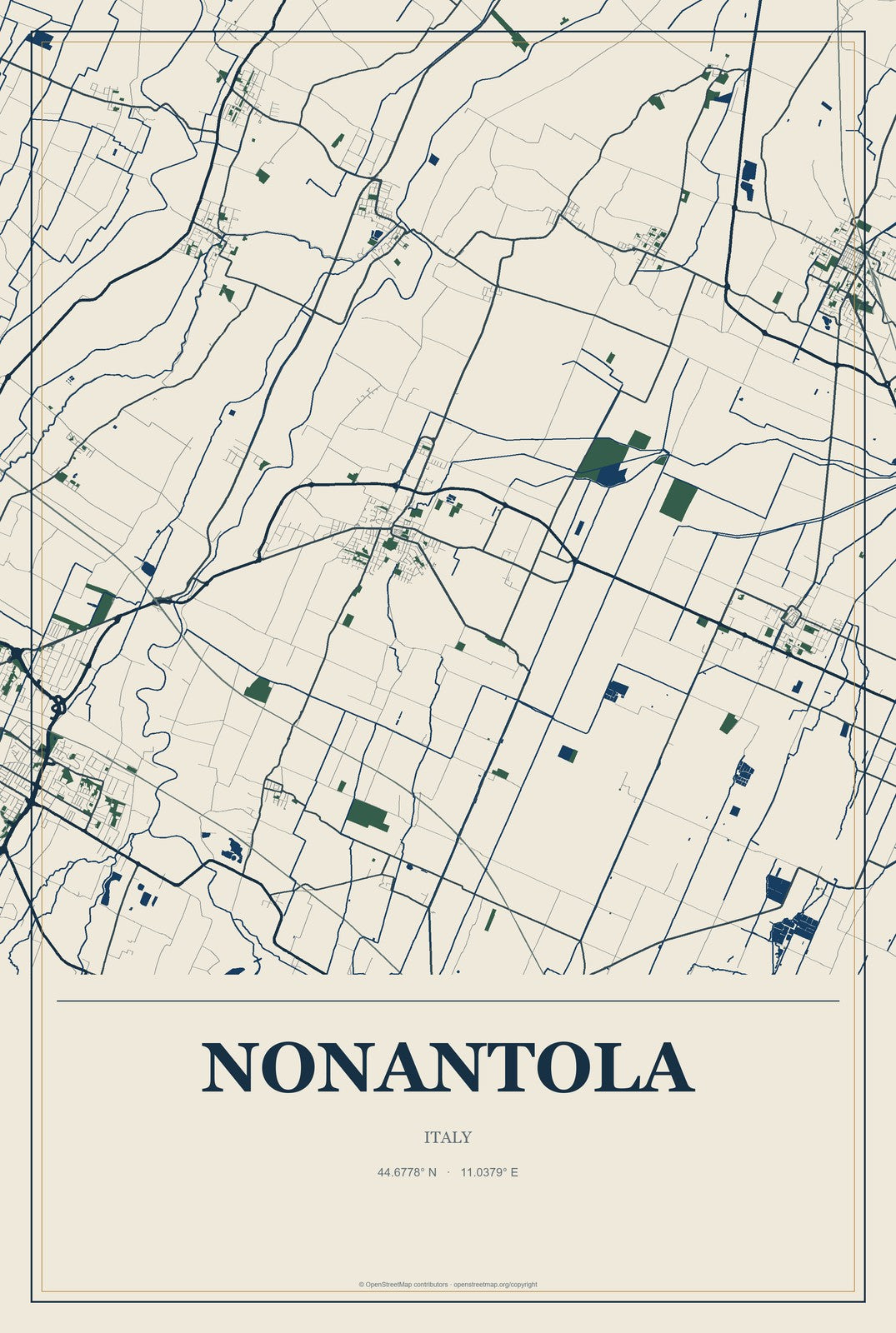 Nonantola, Italy City Map Aluminum Sign in Coastal Cutout style