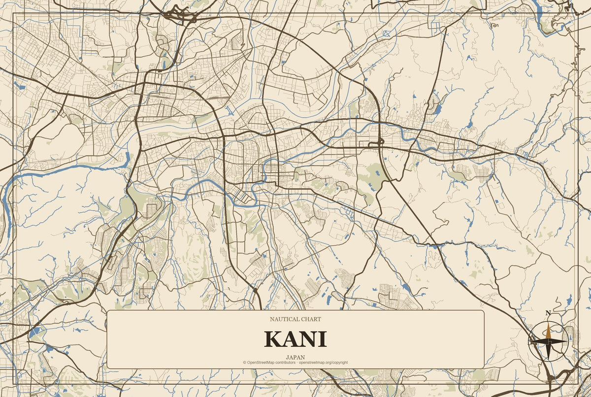 Kani, Japan City Map Aluminum Sign in Heritage Nautical style