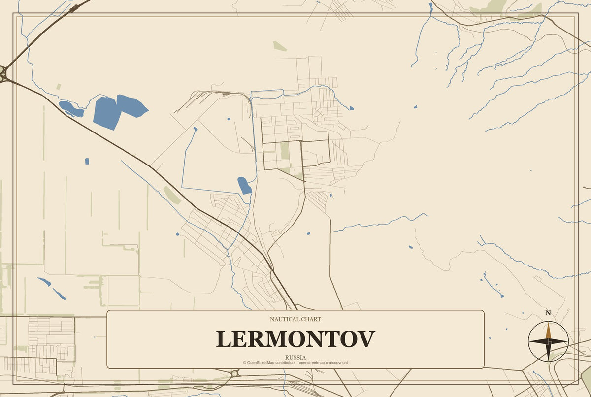 Lermontov, Russia City Map Aluminum Sign in Heritage Nautical style