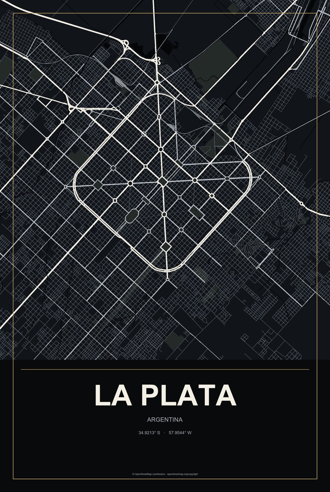 La Plata, Argentina City Map Aluminum Sign in Metropolitan Noir style