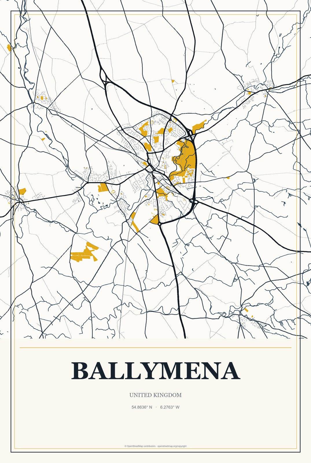 Ballymena, United Kingdom City Map Aluminum Sign in Citrine Modern style