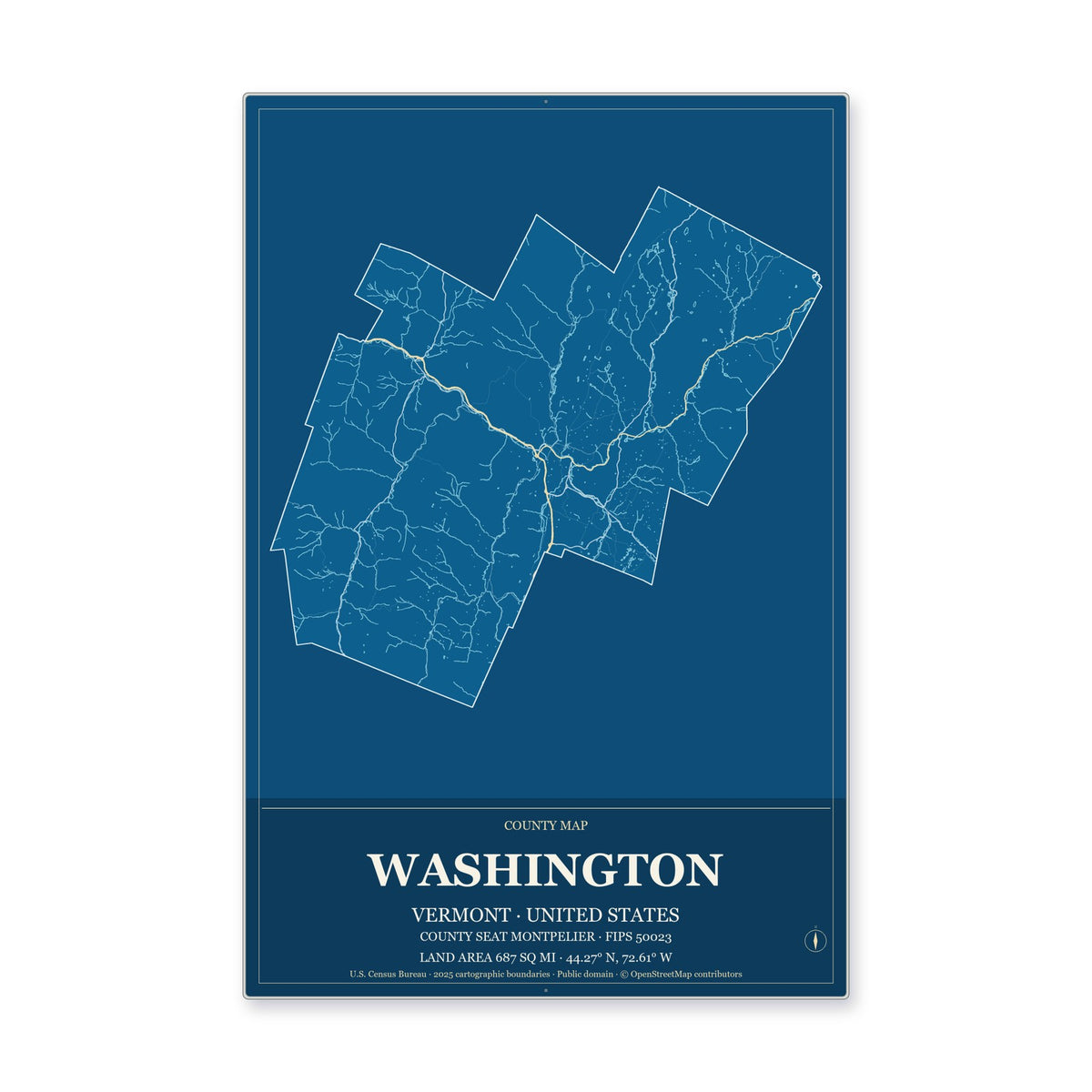 Washington County, Vermont Map Aluminum Sign in Harbor Cobalt style