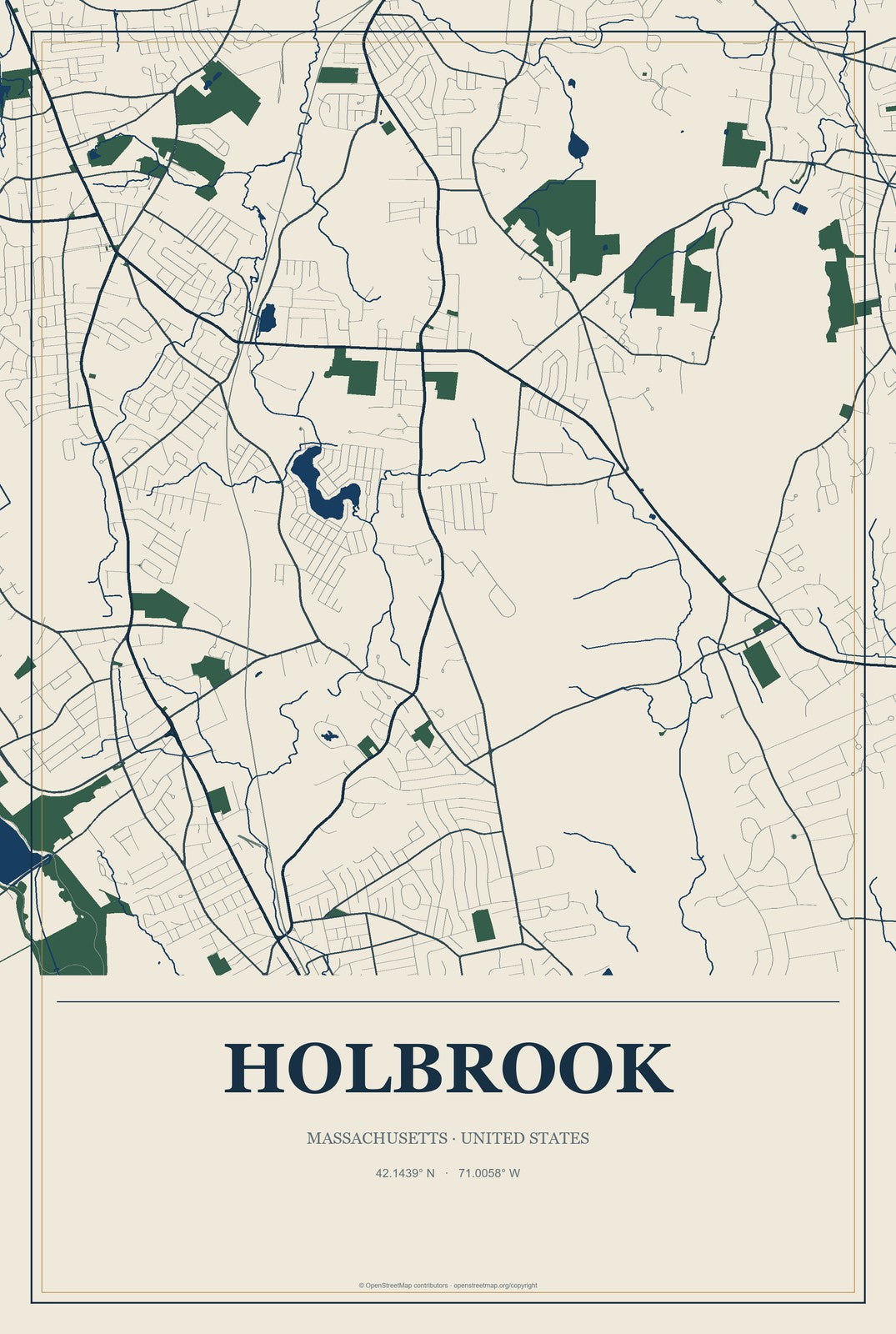 Holbrook, Massachusetts City Map Aluminum Sign in Coastal Cutout style