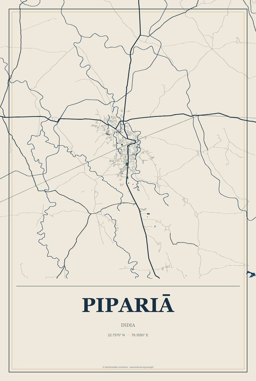 Pipariā, India City Map Aluminum Sign in Coastal Cutout style