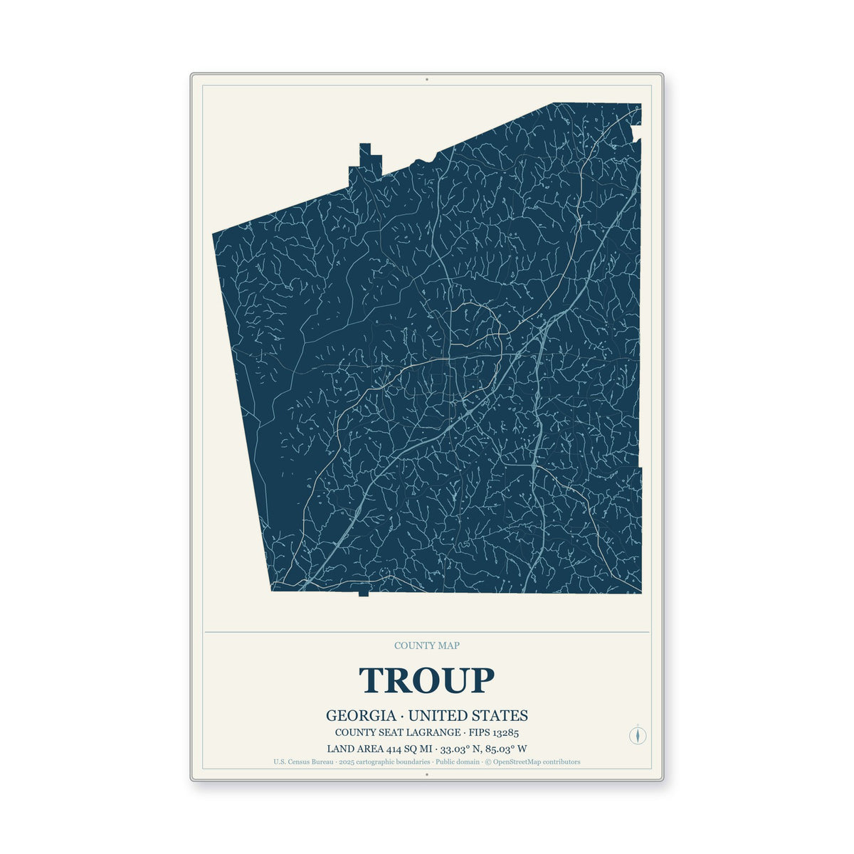 Troup County, Georgia Map Aluminum Sign in Coastal Cutout style