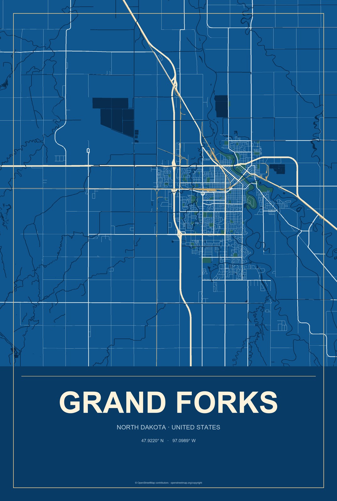 Grand Forks, North Dakota City Map Aluminum Sign in Harbor Cobalt style