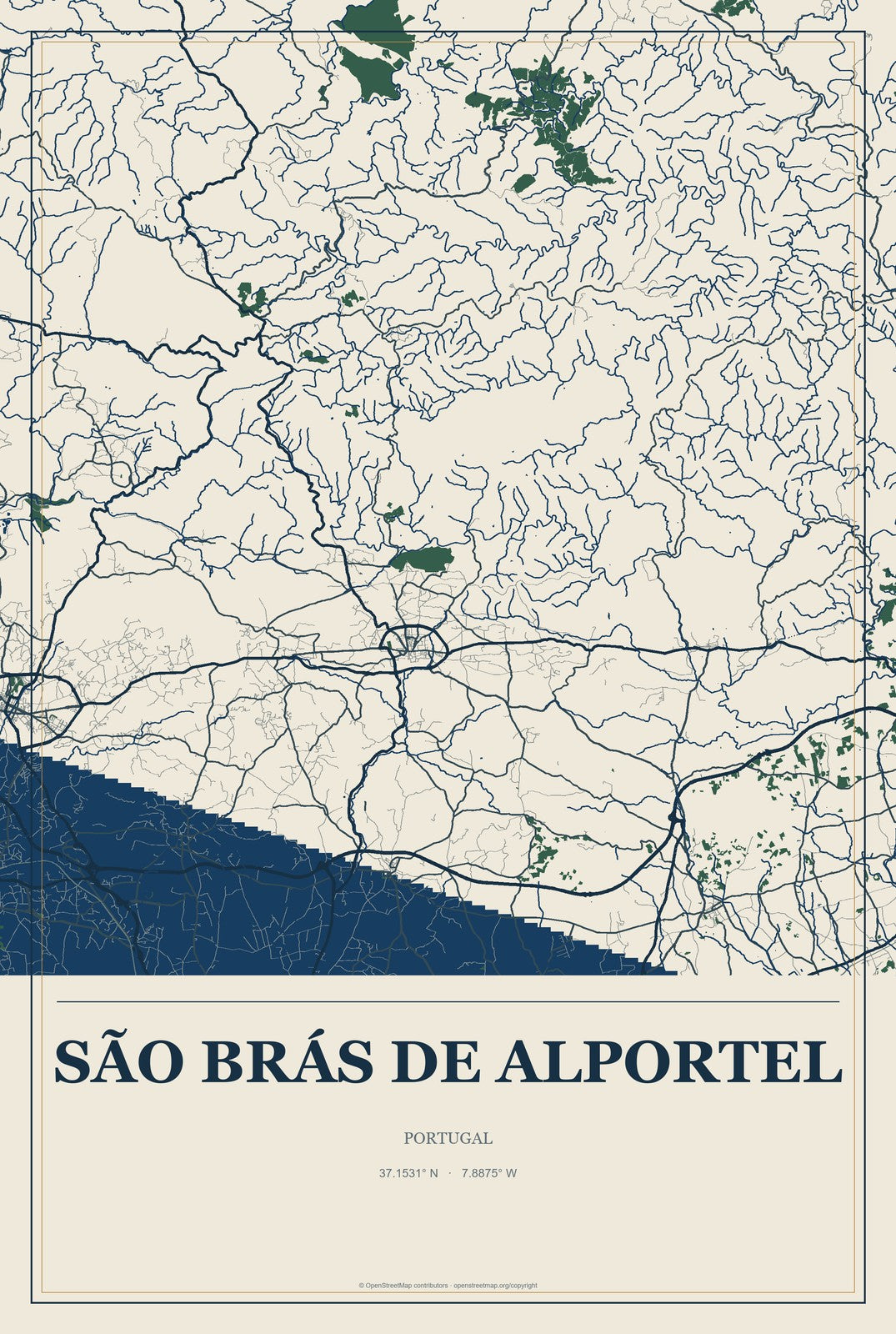 São Brás de Alportel, Portugal City Map Aluminum Sign in Coastal Cutout style