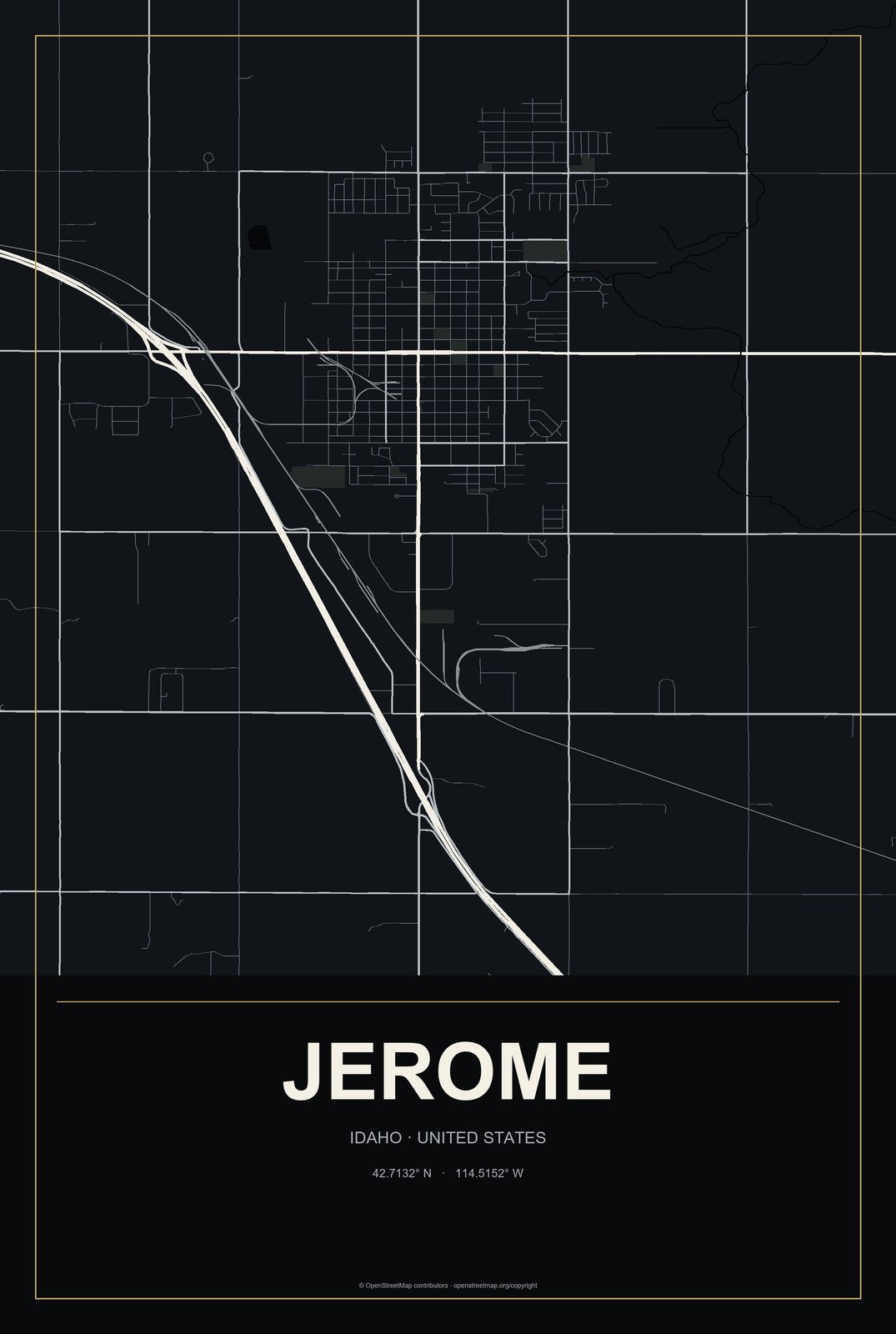 Jerome, Idaho City Map Aluminum Sign in Metropolitan Noir style