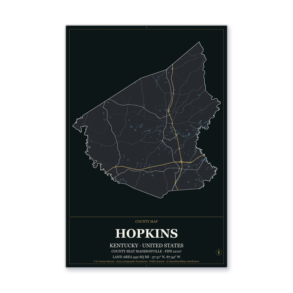 Hopkins County, Kentucky Map Aluminum Sign in Metropolitan Noir style