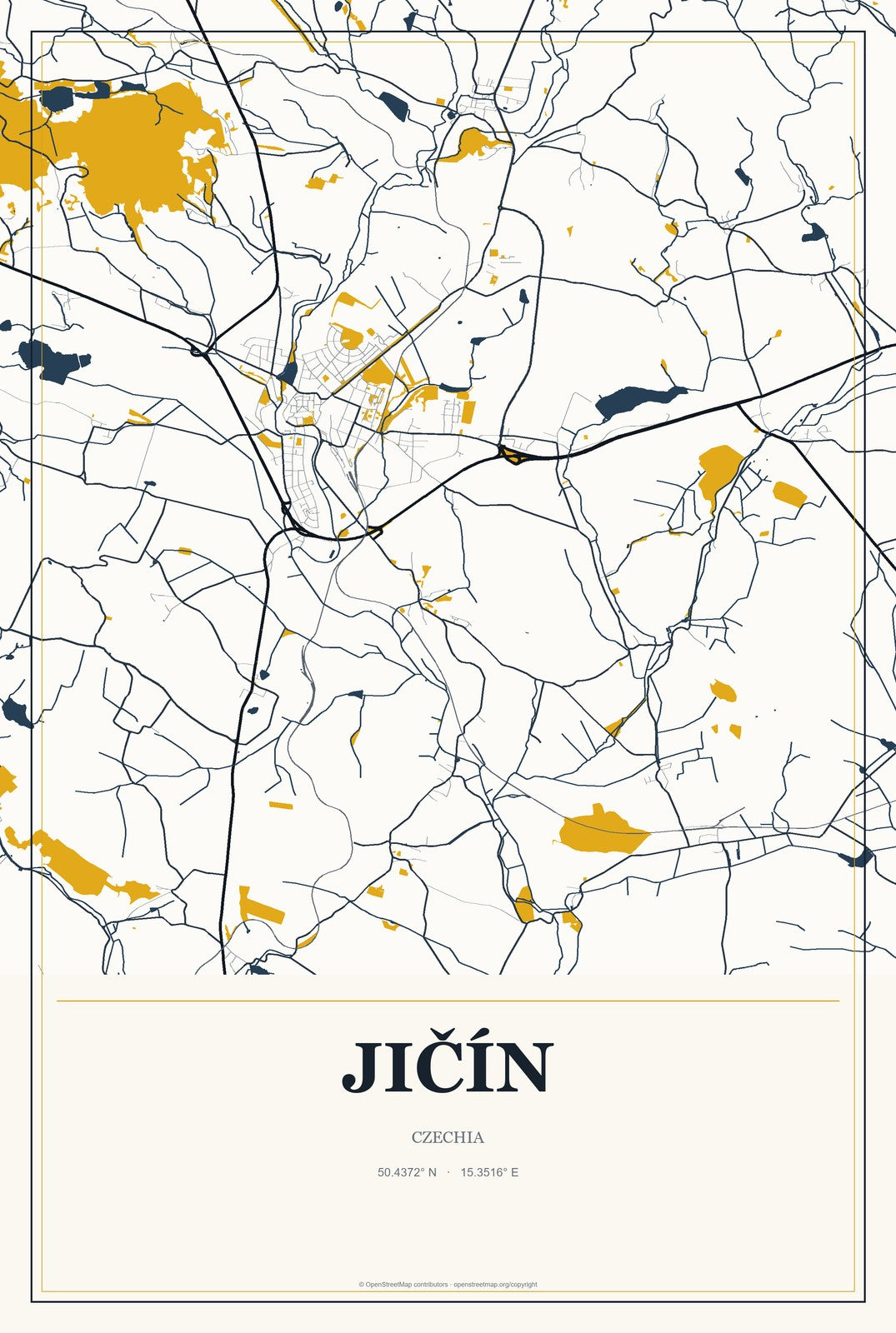 Jičín, Czechia City Map Aluminum Sign in Citrine Modern style