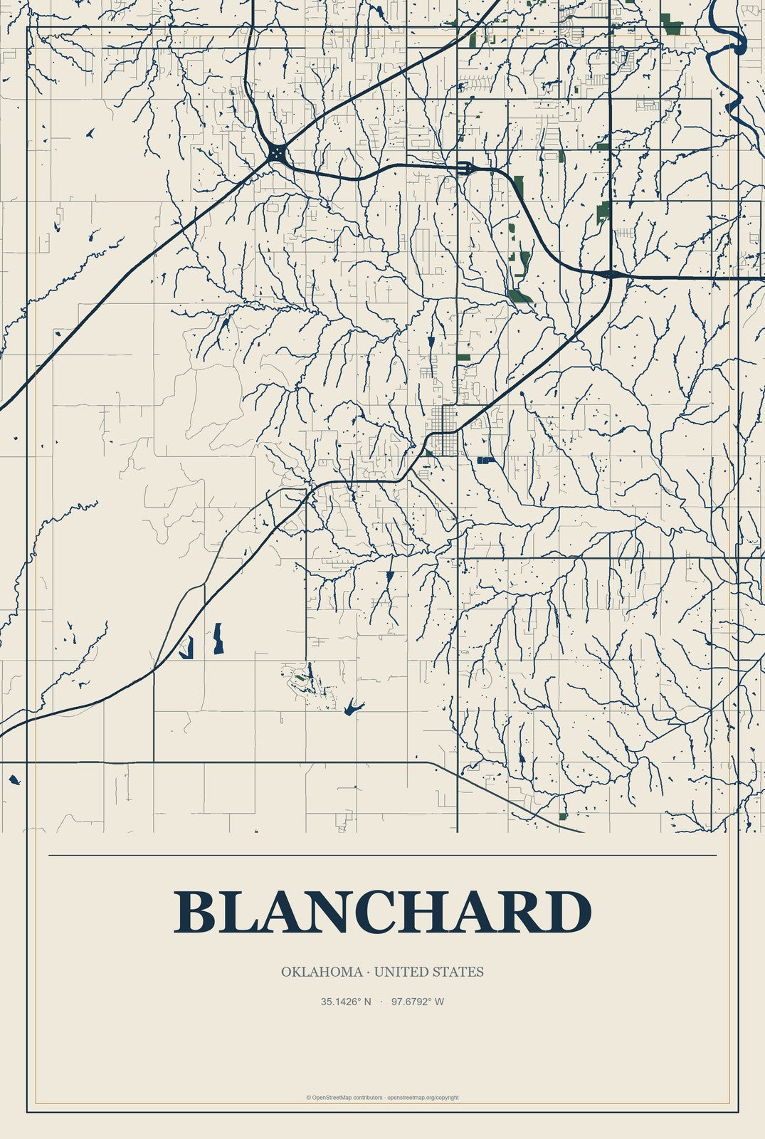 Blanchard, Oklahoma City Map Aluminum Sign in Coastal Cutout style