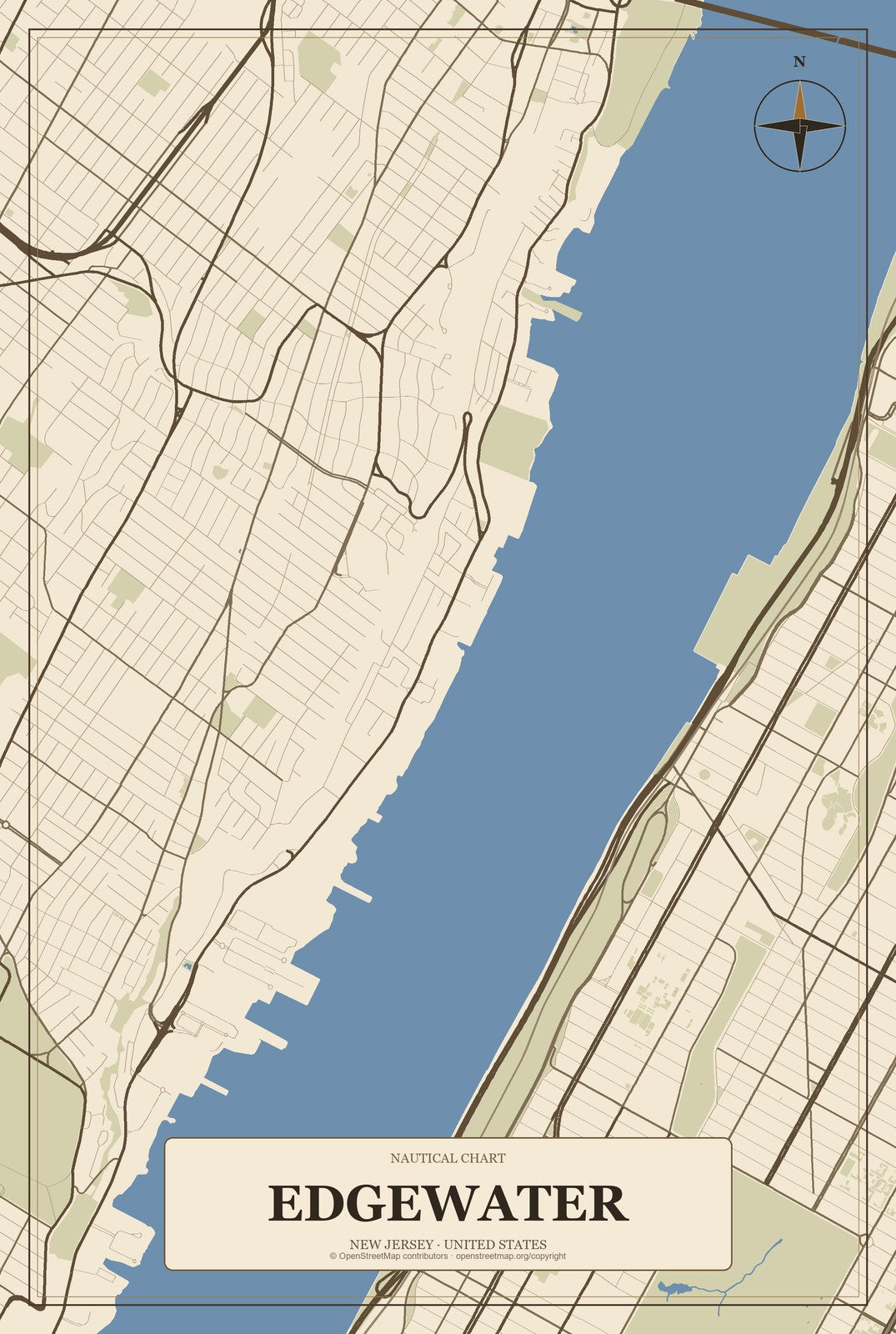 Edgewater, New Jersey City Map Aluminum Sign in Heritage Nautical style