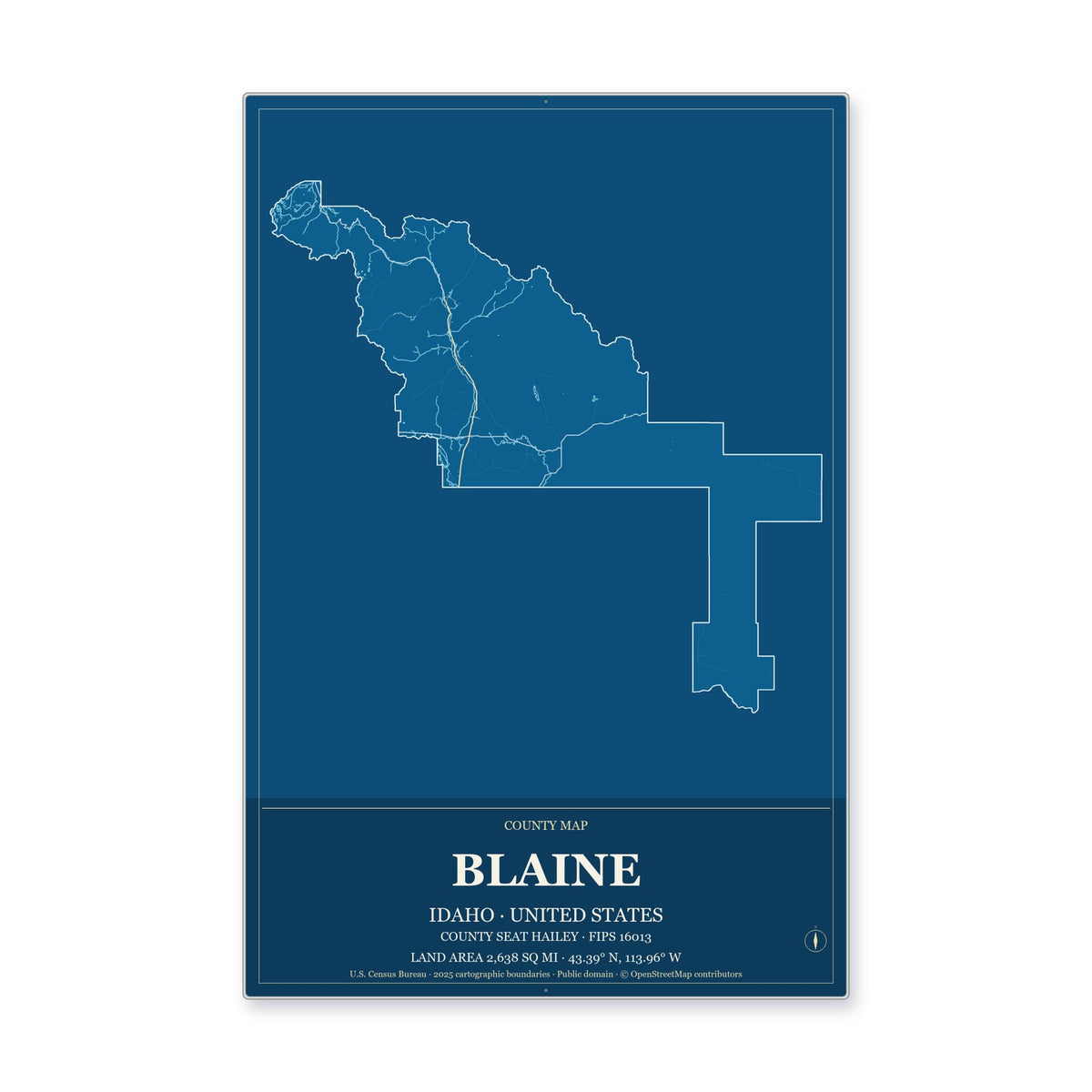 Blaine County, Idaho Map Aluminum Sign in Harbor Cobalt style