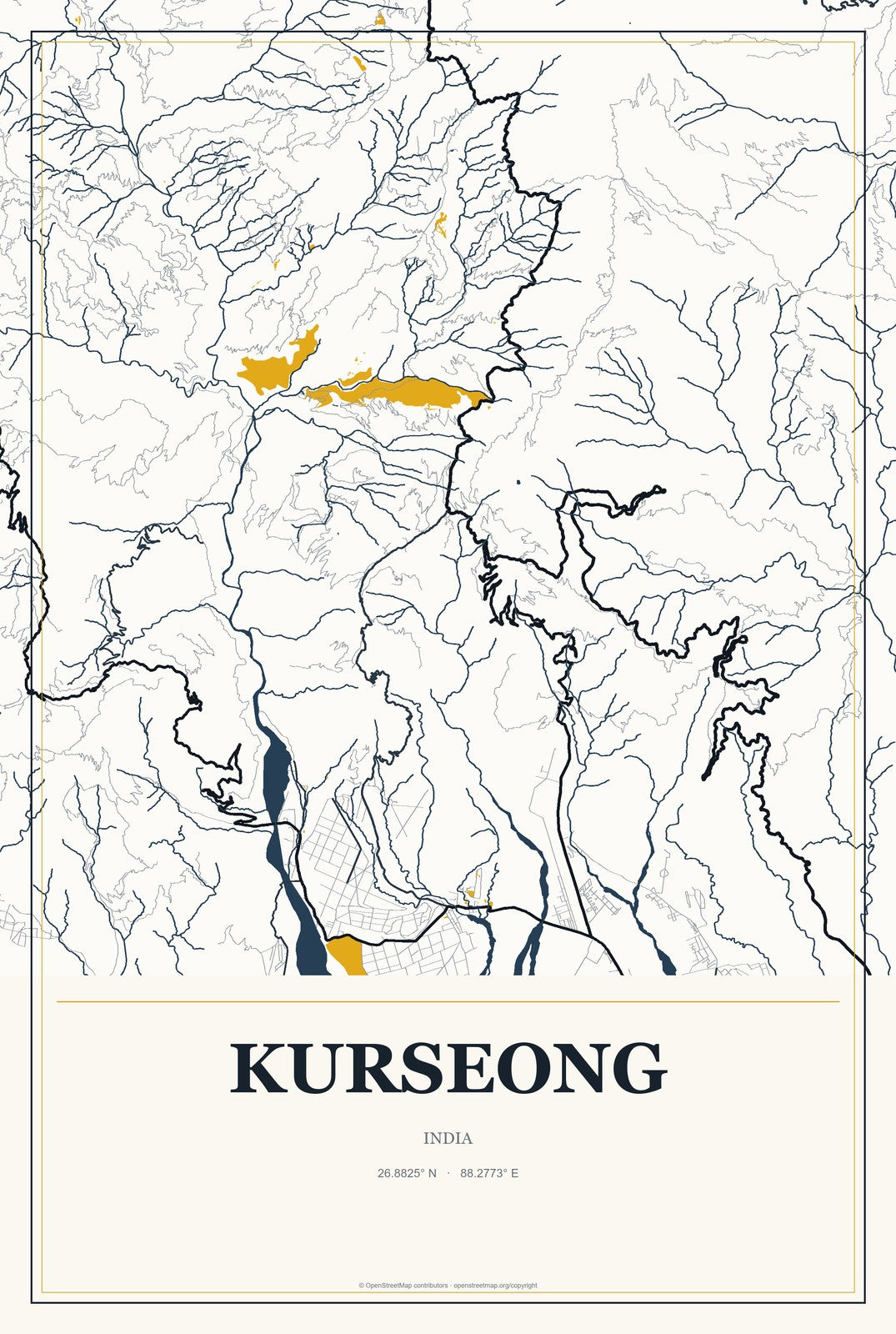 Kurseong, India City Map Aluminum Sign in Citrine Modern style