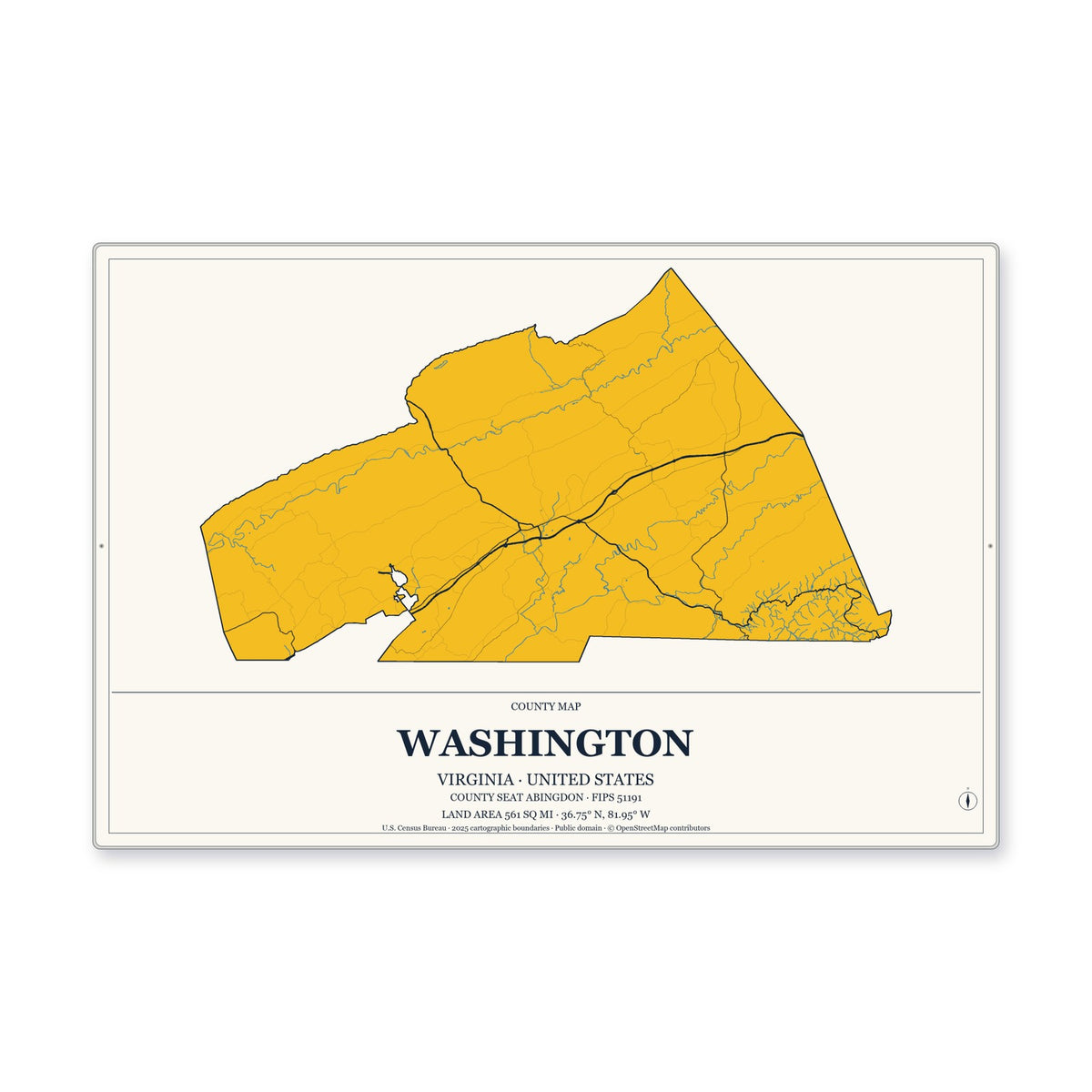 Washington County, Virginia Map Aluminum Sign in Citrine Modern style