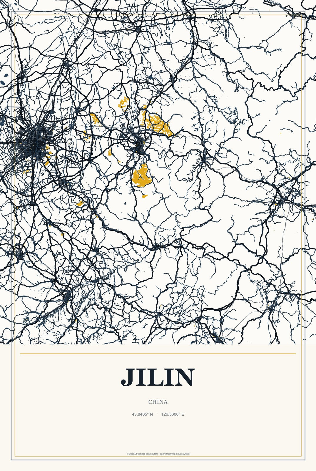 Jilin, China City Map Aluminum Sign in Citrine Modern style