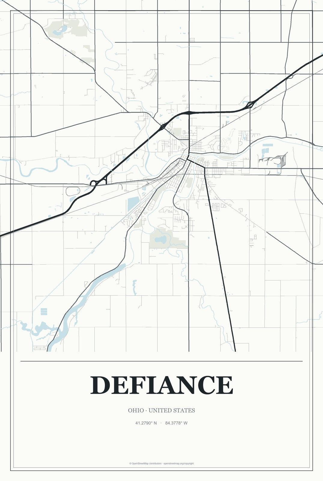 Defiance, Ohio City Map Aluminum Sign in Gallery Air style
