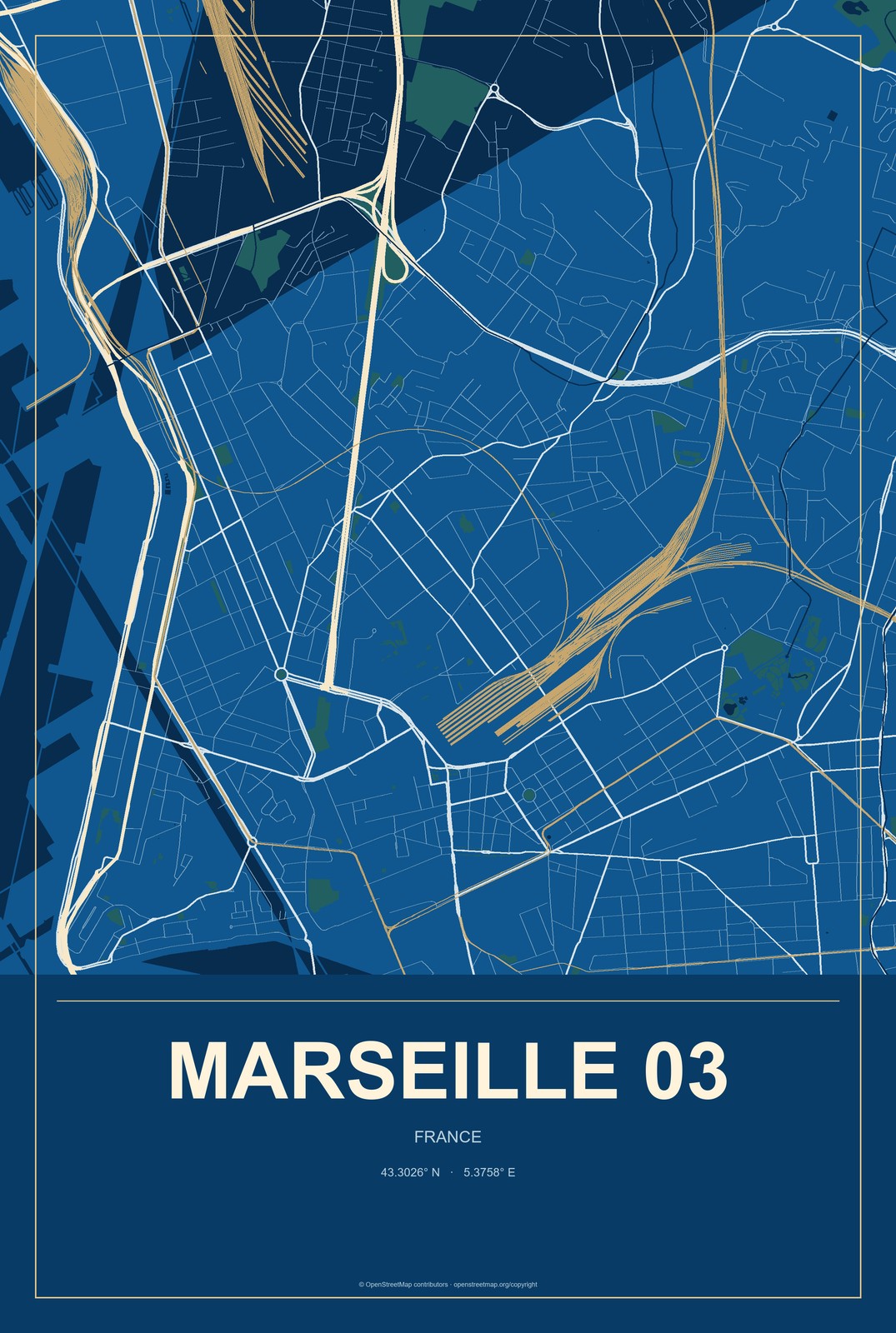 Marseille 03, France City Map Aluminum Sign in Harbor Cobalt style