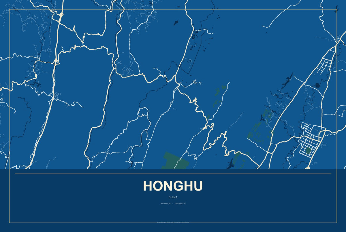 Honghu, China City Map Aluminum Sign in Harbor Cobalt style