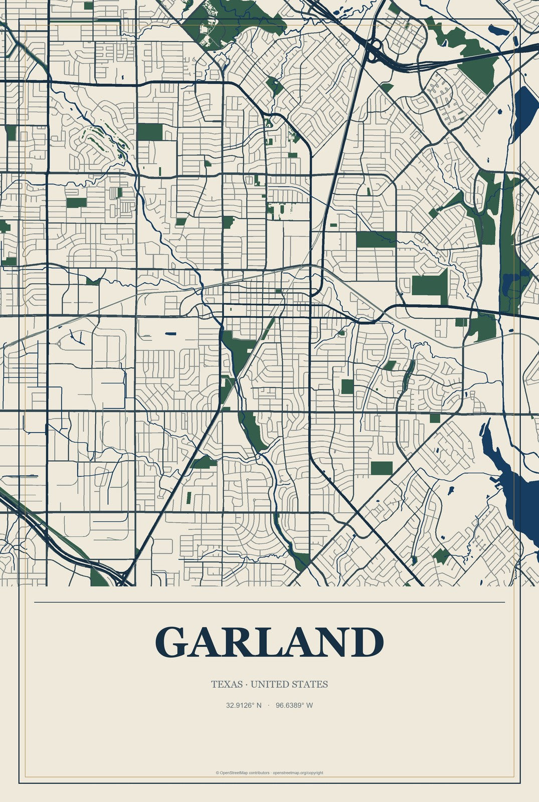 Garland, Texas City Map Aluminum Sign in Coastal Cutout style