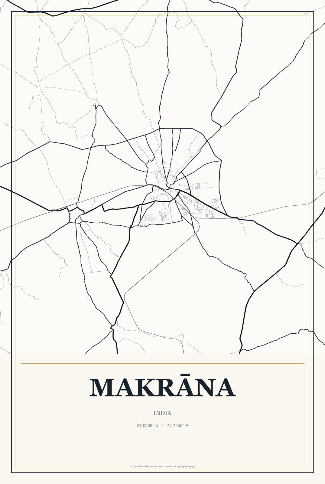 Makrāna, India City Map Aluminum Sign in Citrine Modern style
