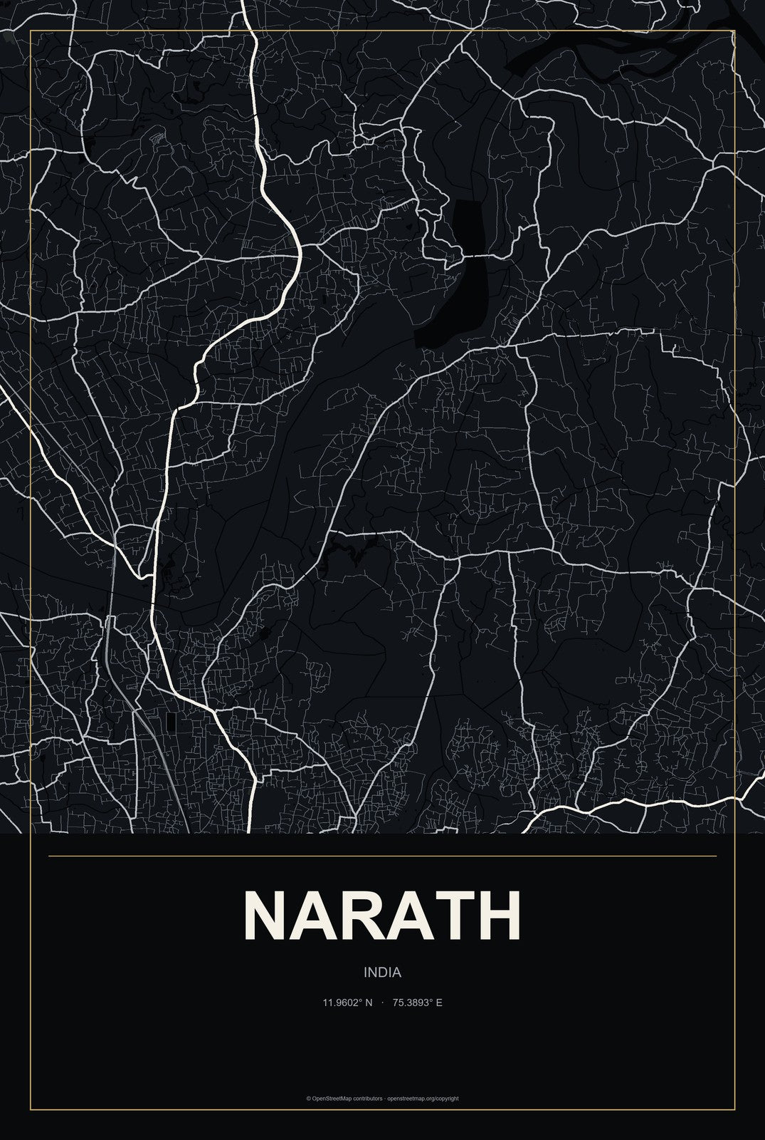 Narath, India City Map Aluminum Sign in Metropolitan Noir style