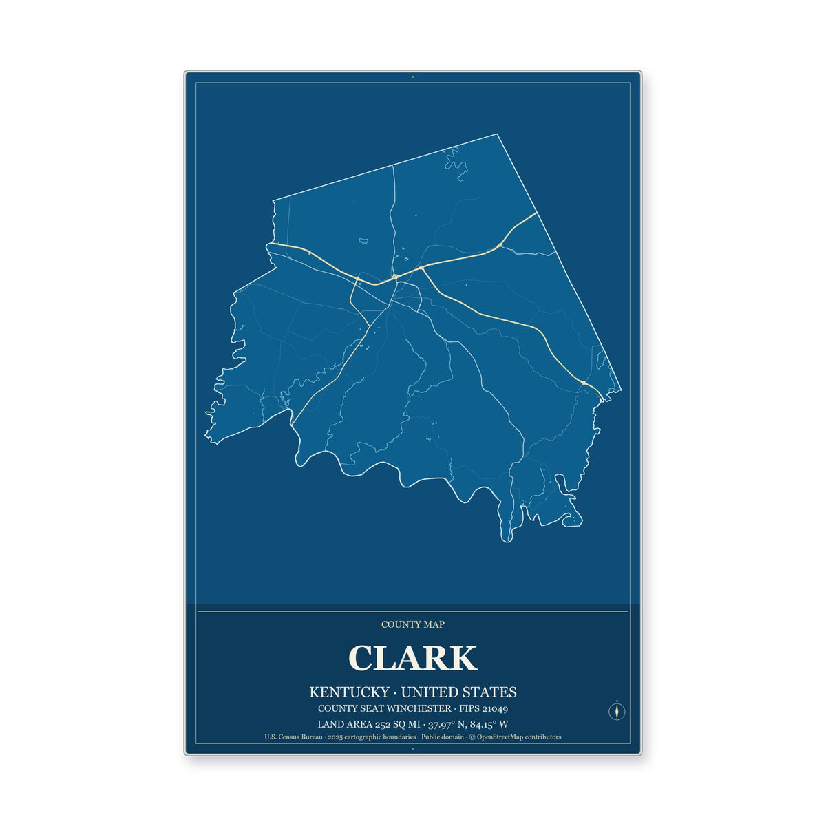 Clark County, Kentucky Map Aluminum Sign in Harbor Cobalt style