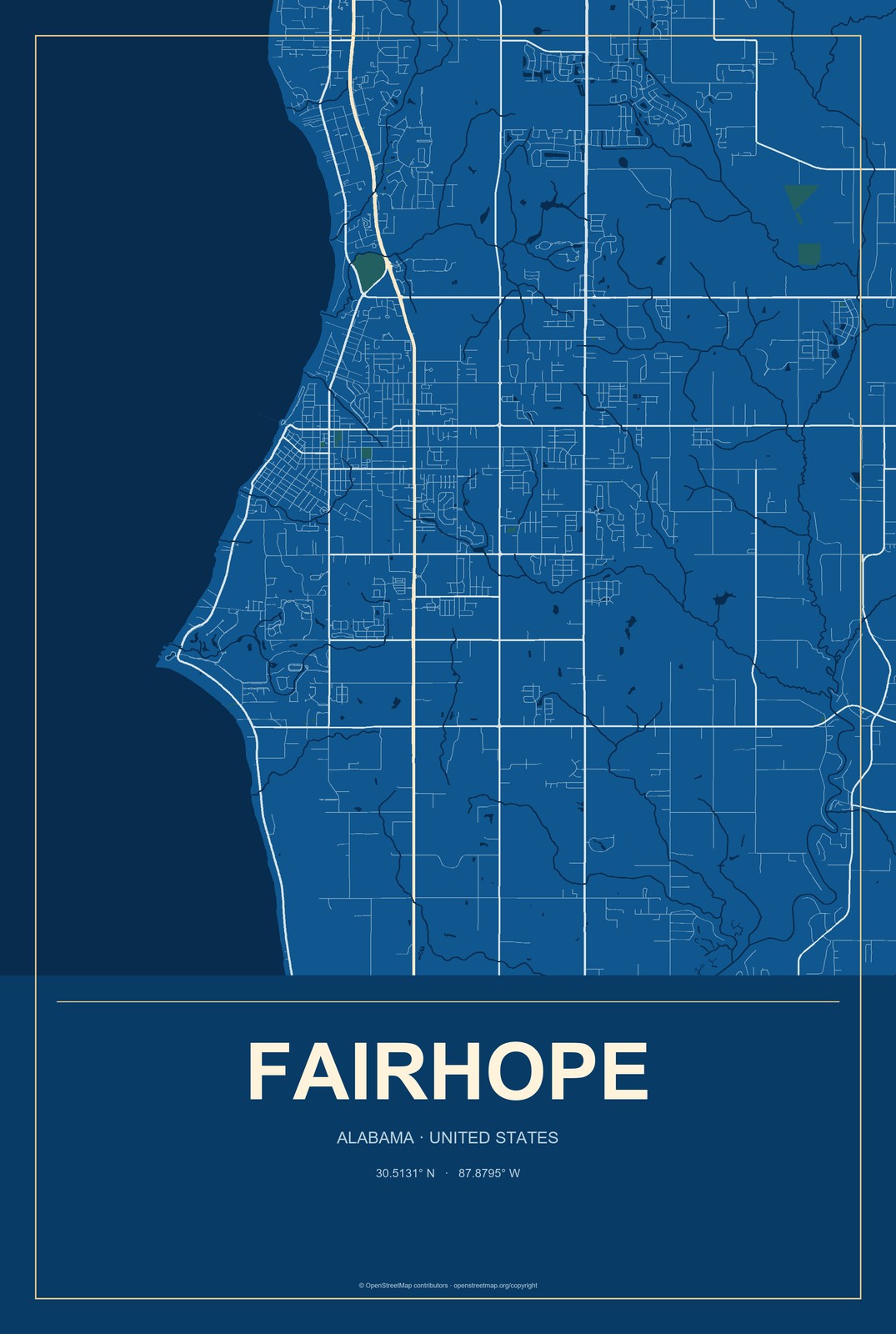 Fairhope, Alabama City Map Aluminum Sign in Harbor Cobalt style