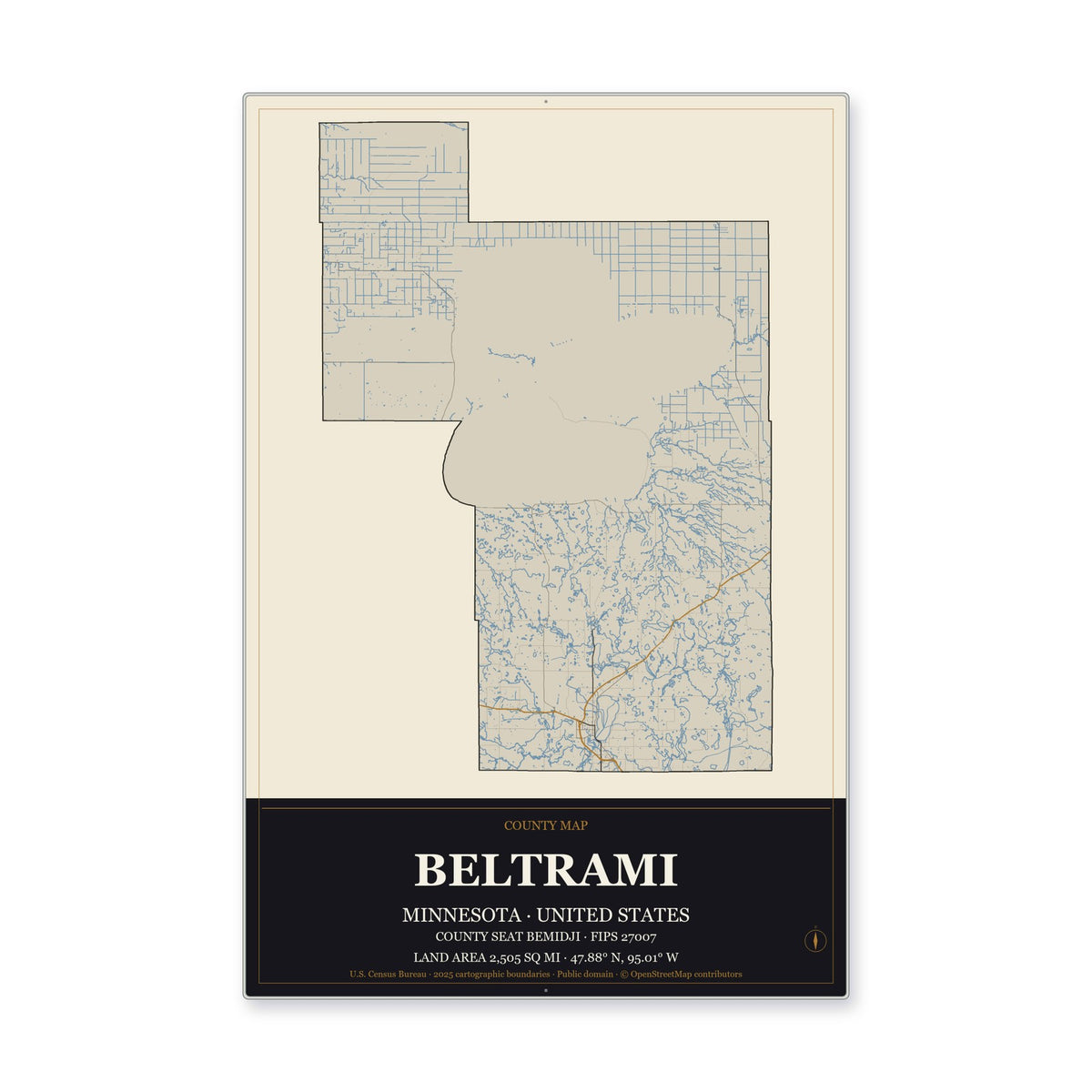 Beltrami County, Minnesota Map Aluminum Sign in Museum Plaque style