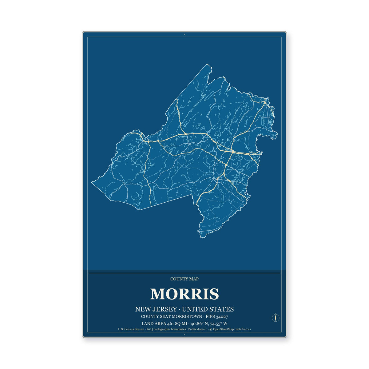Morris County, New Jersey Map Aluminum Sign in Harbor Cobalt style