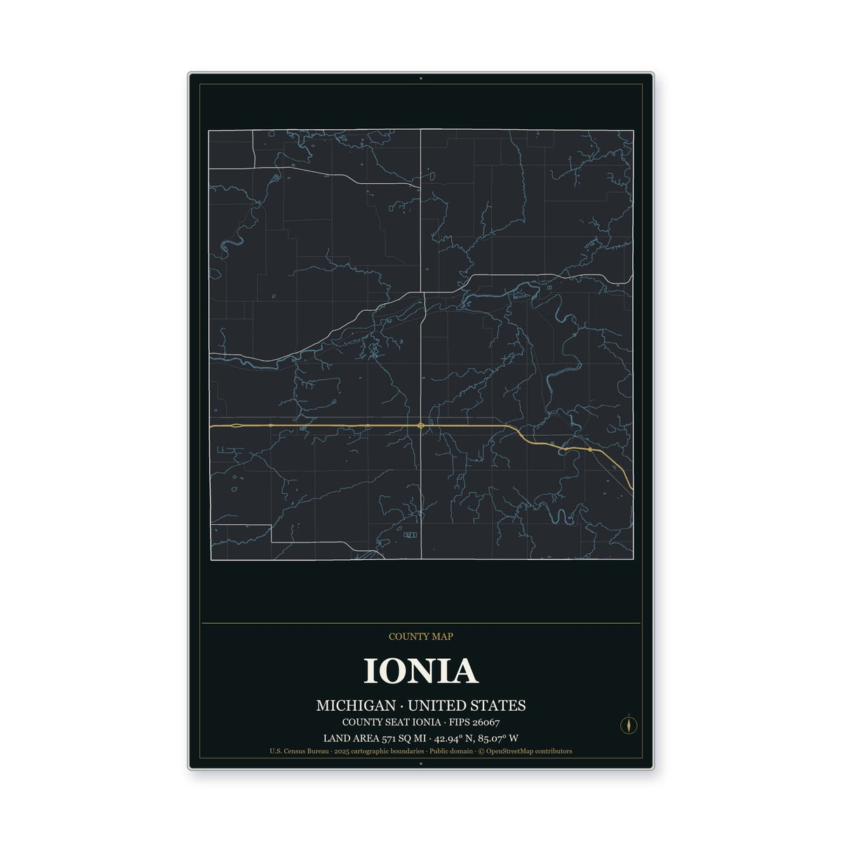 Ionia County, Michigan Map Aluminum Sign in Metropolitan Noir style