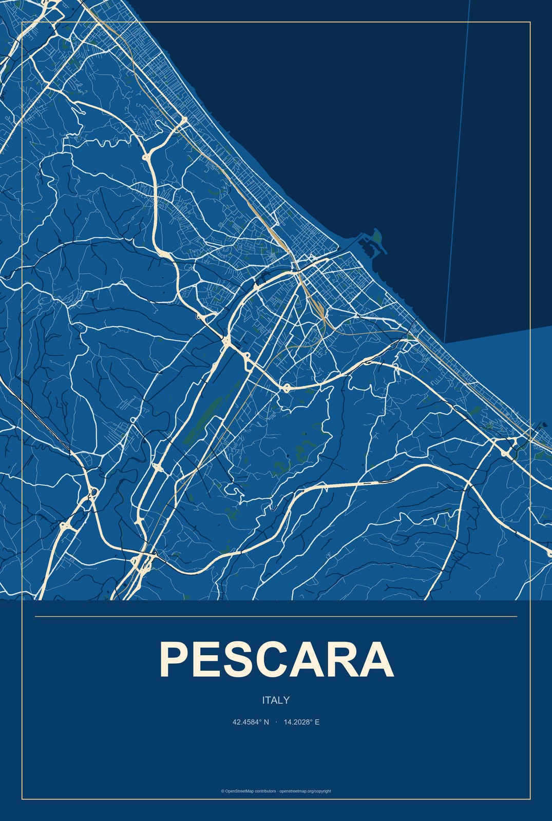 Pescara, Italy City Map Aluminum Sign in Harbor Cobalt style